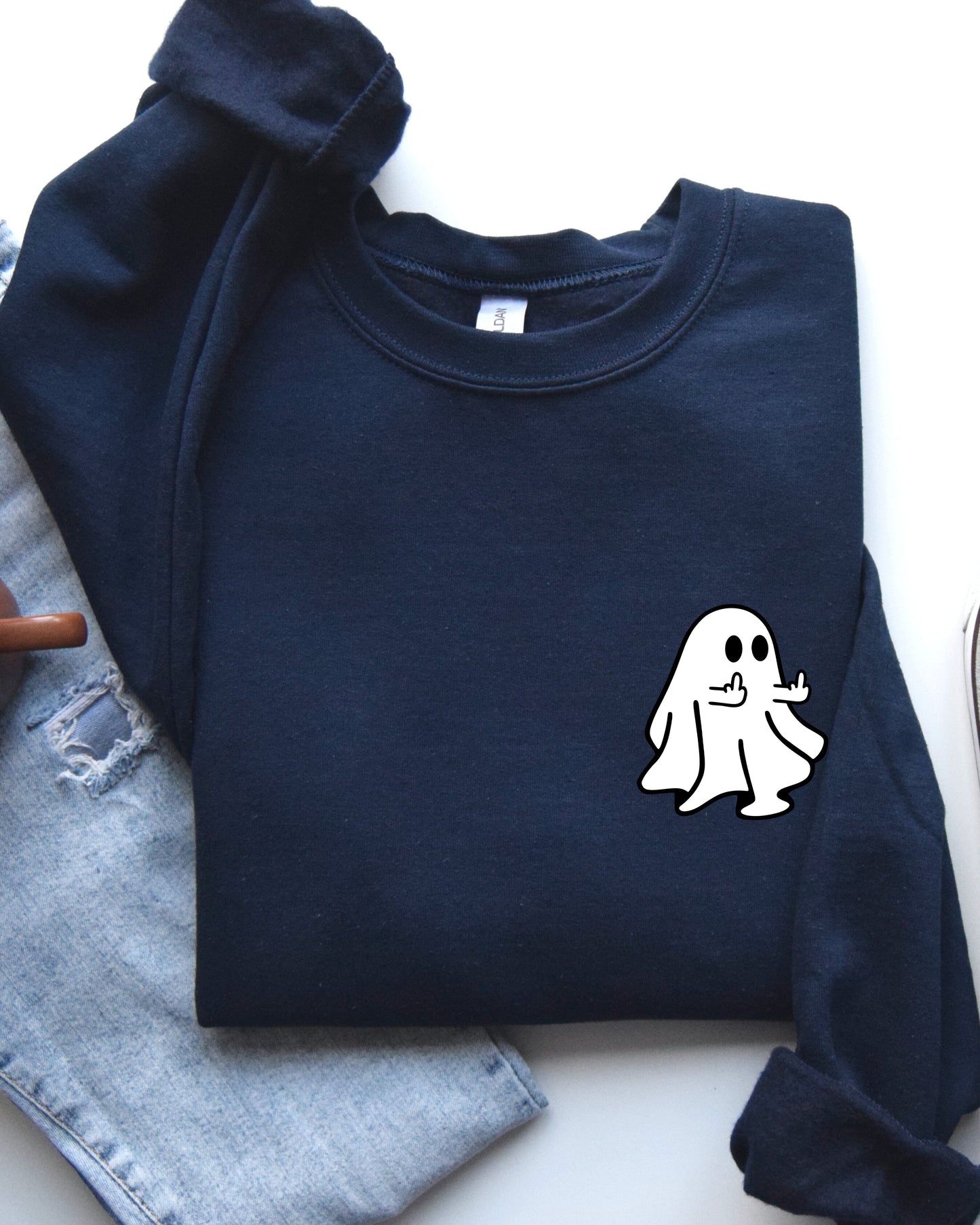 Rude Ghost Pocket Print, Middle Finger, Crude, Vulgar, Funny, Meme, Halloween Sweatshirt