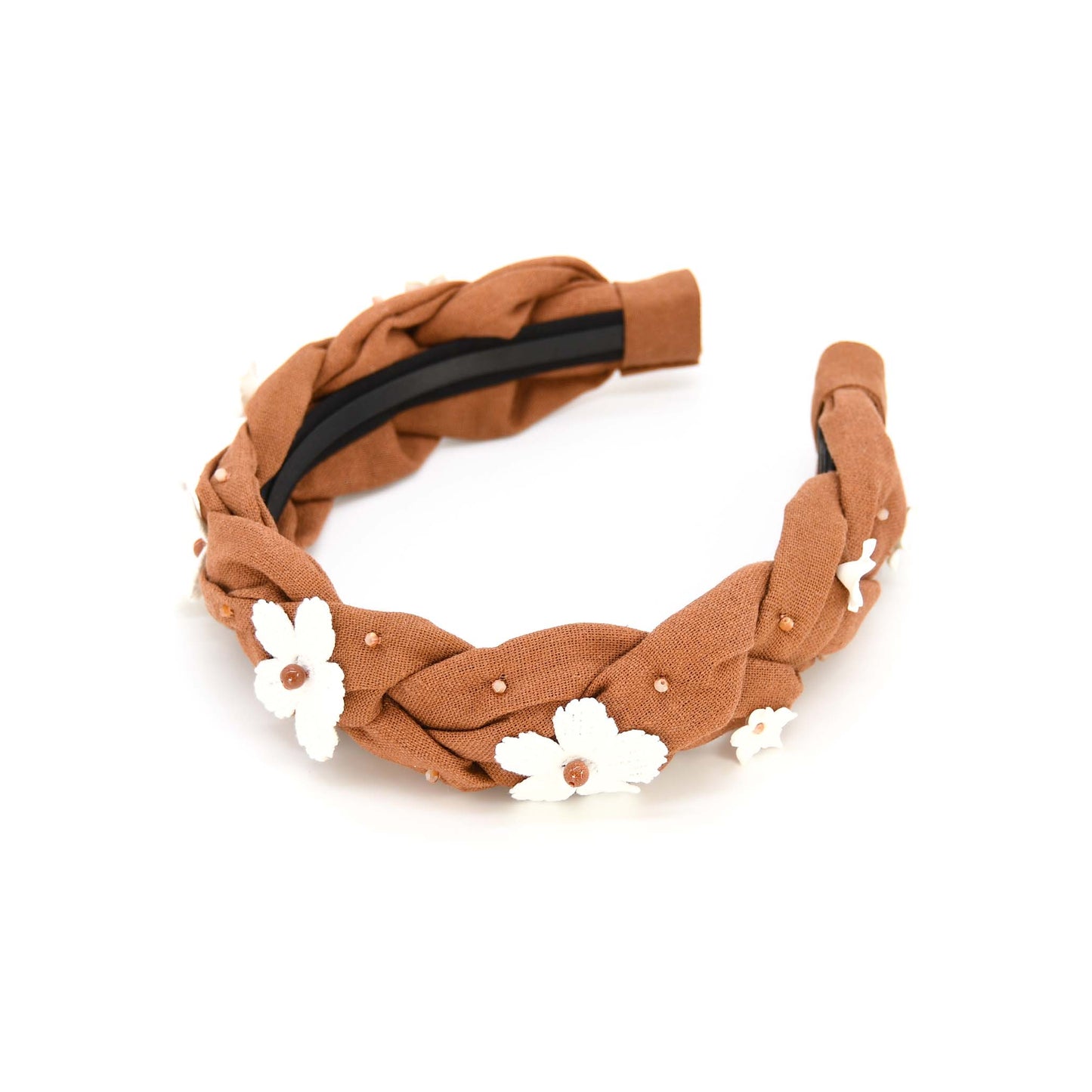 Rust Floral Headband Hand-Sewn Lace Flowers Beige Crystals