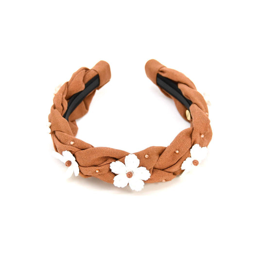Rust Floral Headband Hand-Sewn Lace Flowers Beige Crystals