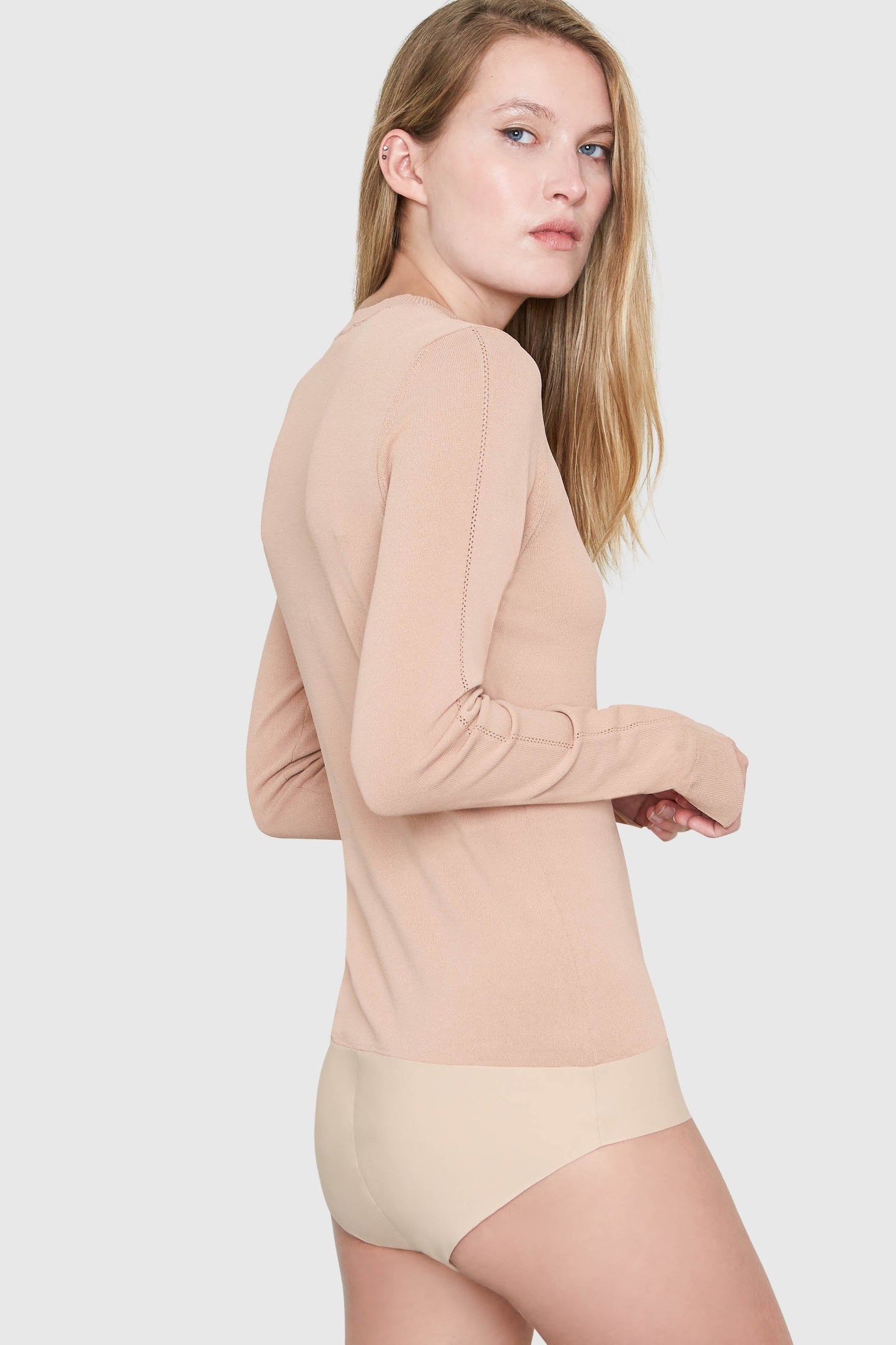AMBER CREW NECK VISCOSE BODYSUIT IN BEIGE