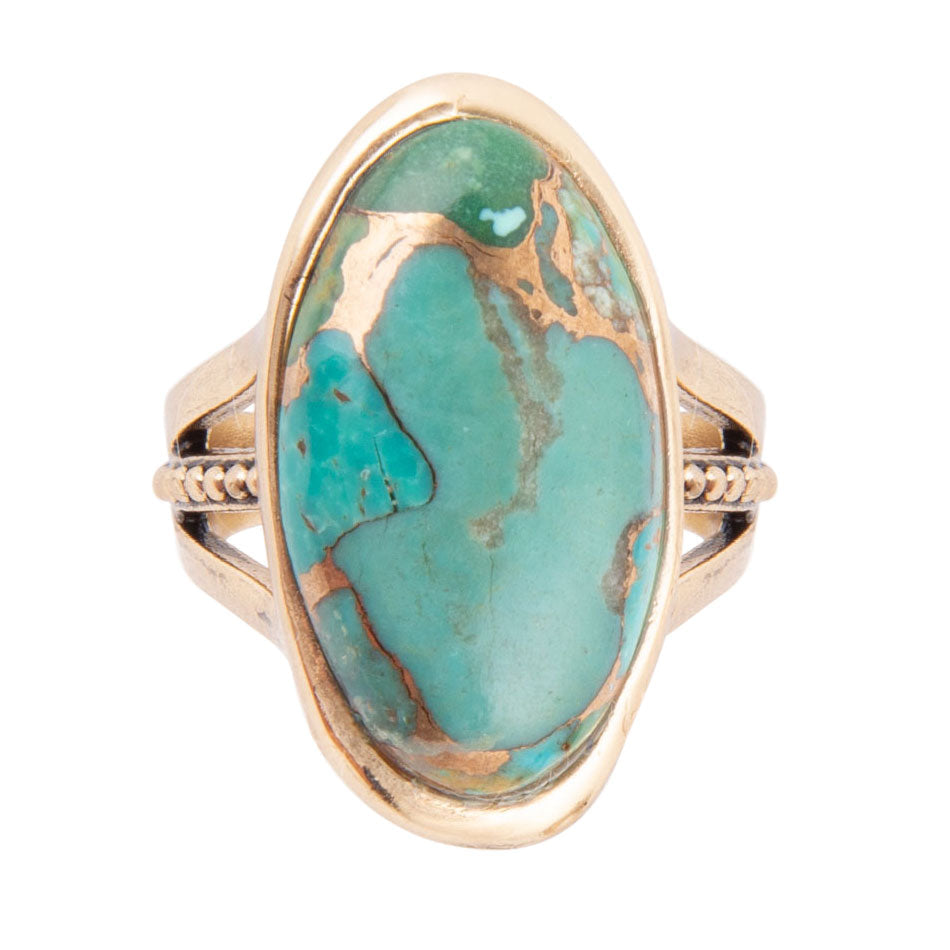 Blue Turquoise Bronze Matrix Golden Oval Ring