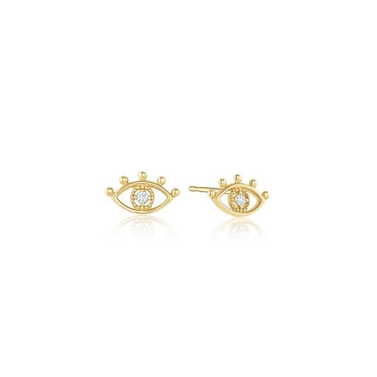 14k Yellow Gold Evil Eye Studs Champagne Diamonds Santorini Studs