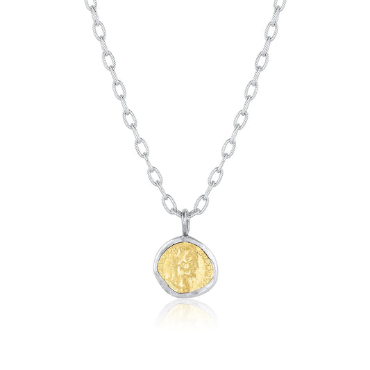 Sterling Silver Hammered Chain Necklace with Two-tone Coin Pendant Parker