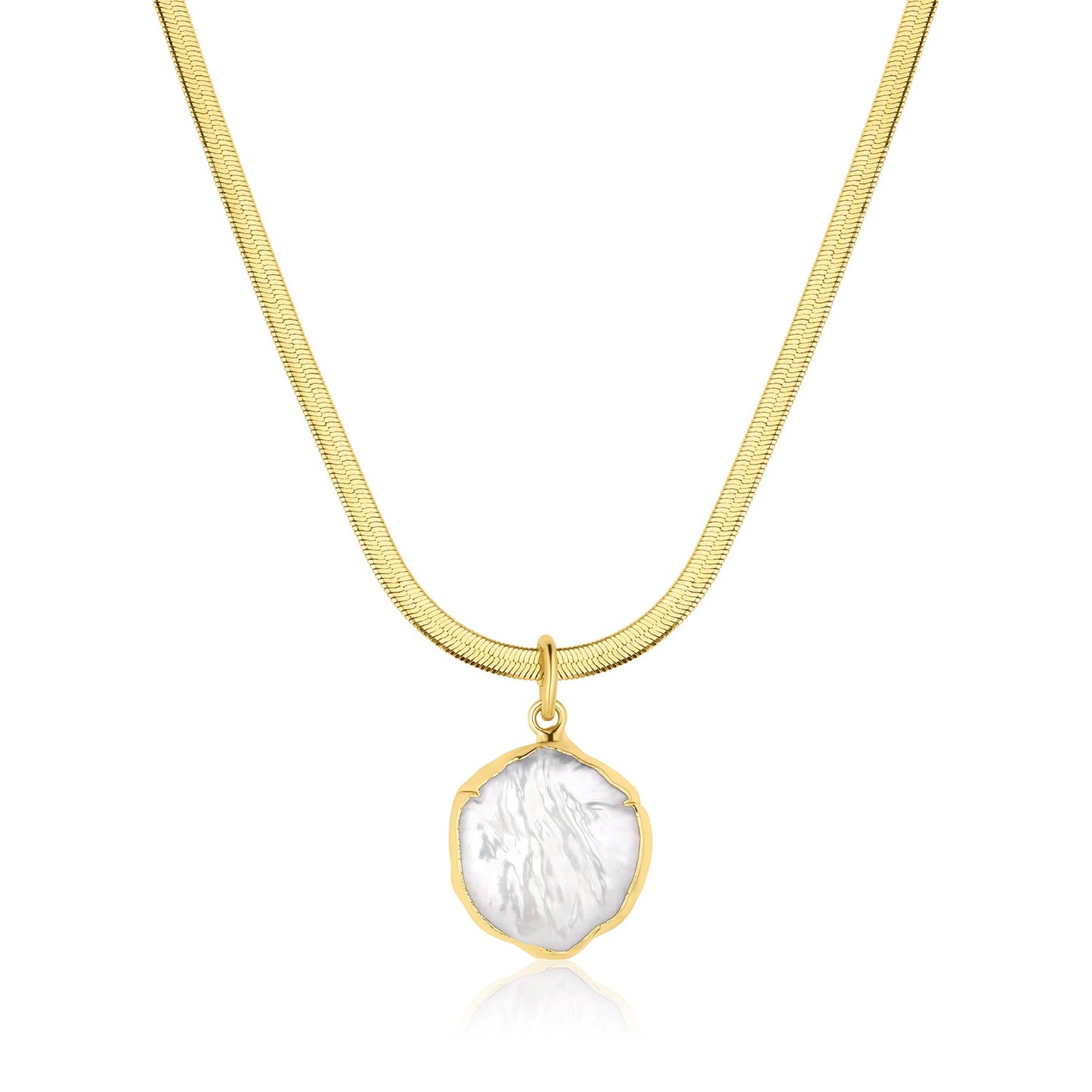 24k Gold Over Brass Herringbone Chain Necklace with Freshwater Coin Pearl Pendant Serina