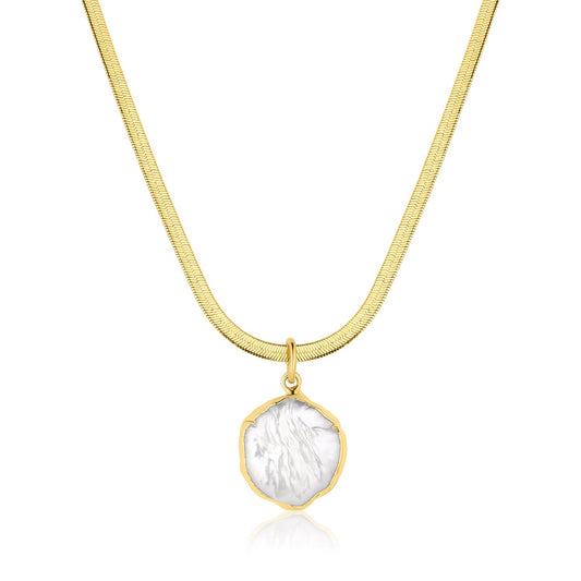 24k Gold Over Brass Herringbone Chain Necklace with Freshwater Coin Pearl Pendant Serina