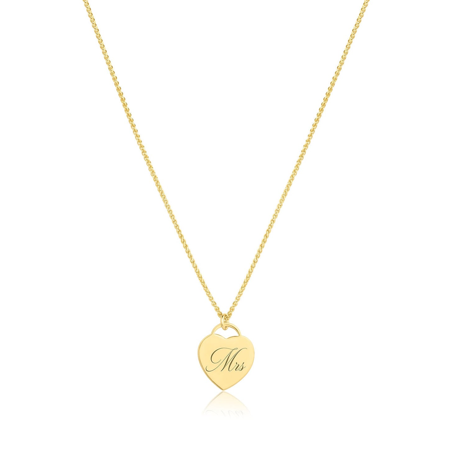 14k Gold Filled Wheat Chain Necklace with Laser Engraved Heart Charm Mrs Alice