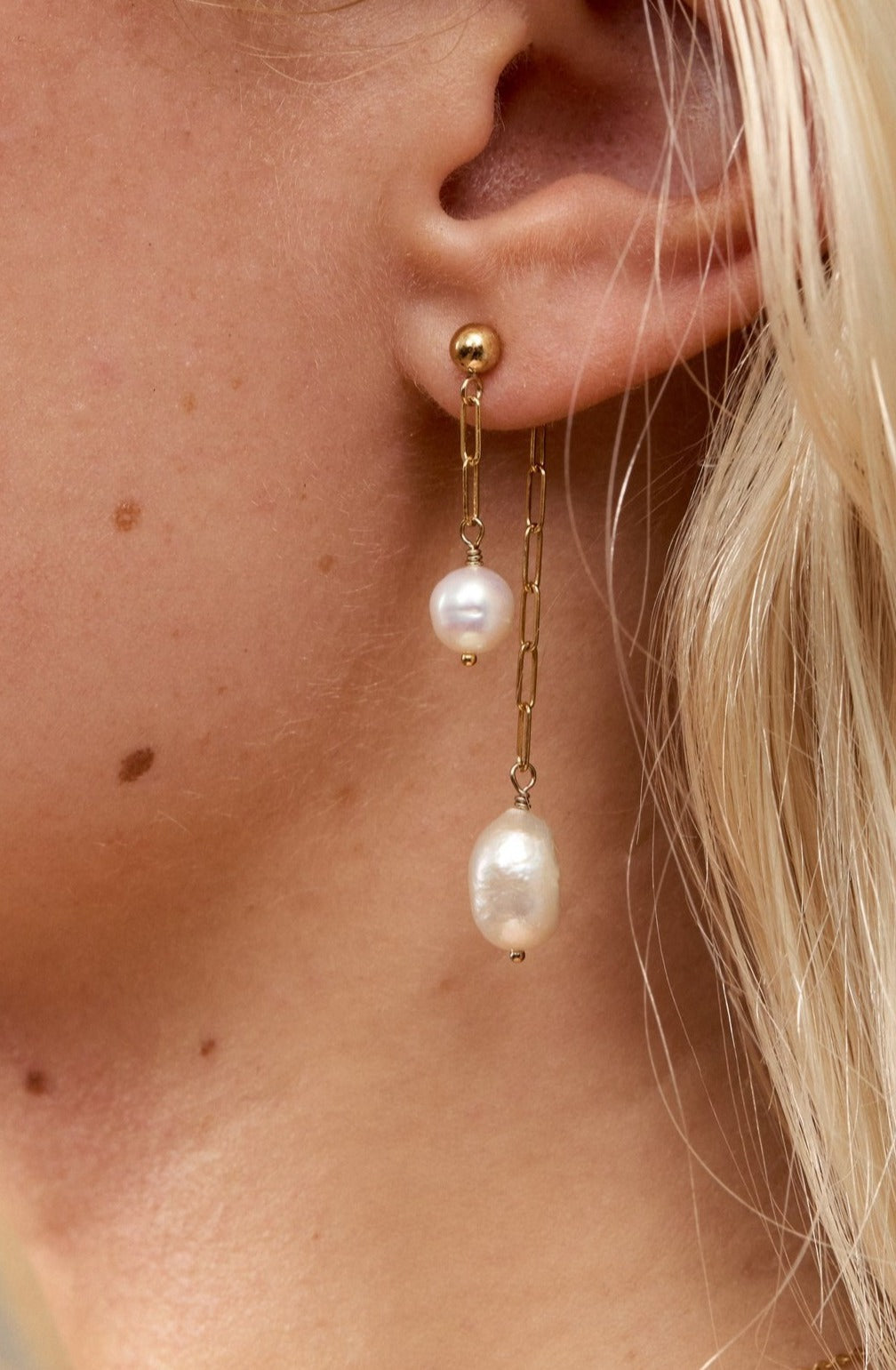 14k Gold Filled Ball Studs with Paperclip Chain and Freshwater Potato Pearls Earrings Maryn