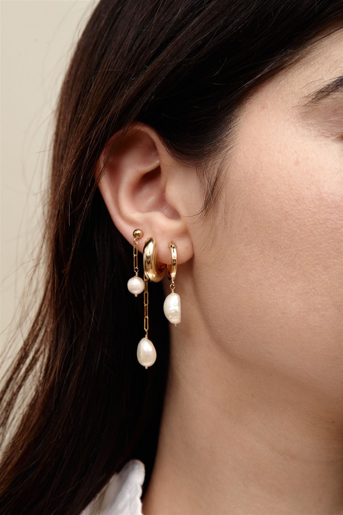 14k Gold Filled Ball Studs with Paperclip Chain and Freshwater Potato Pearls Earrings Maryn