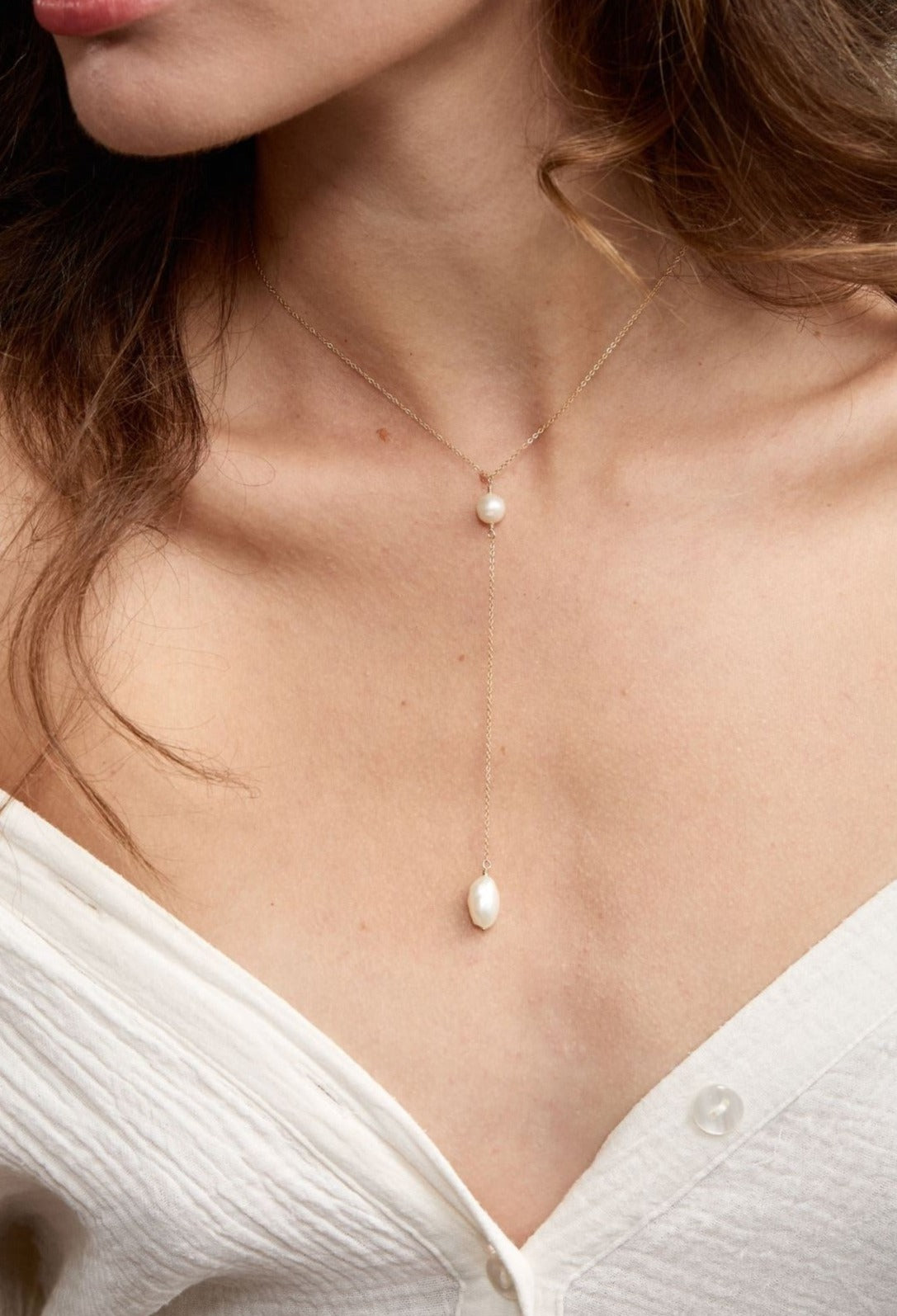 Penny Necklace 14k Gold Filled Lariat Necklace with Freshwater Potato Pearls