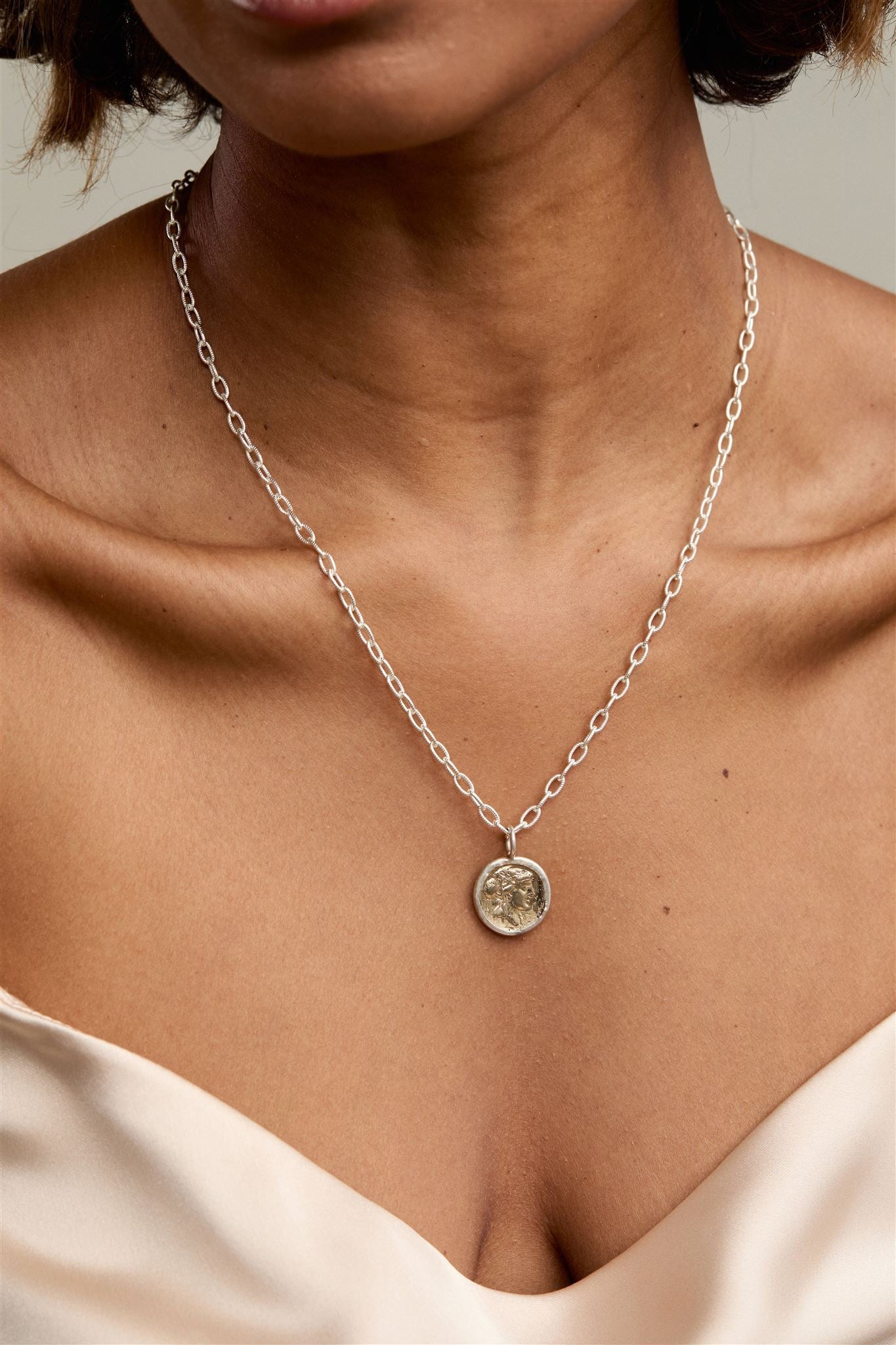 Sterling Silver Hammered Chain Necklace with Two-tone Coin Pendant Parker