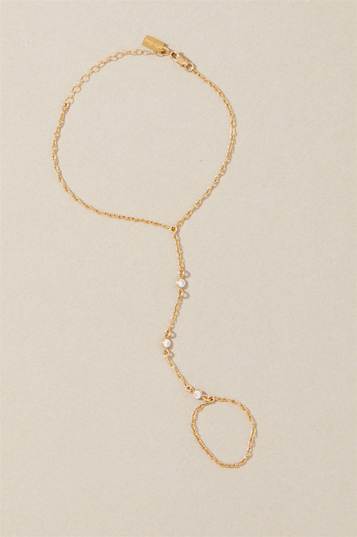 14k Gold Hand Chain with Cubic Zirconia and Turquoise Connectors
