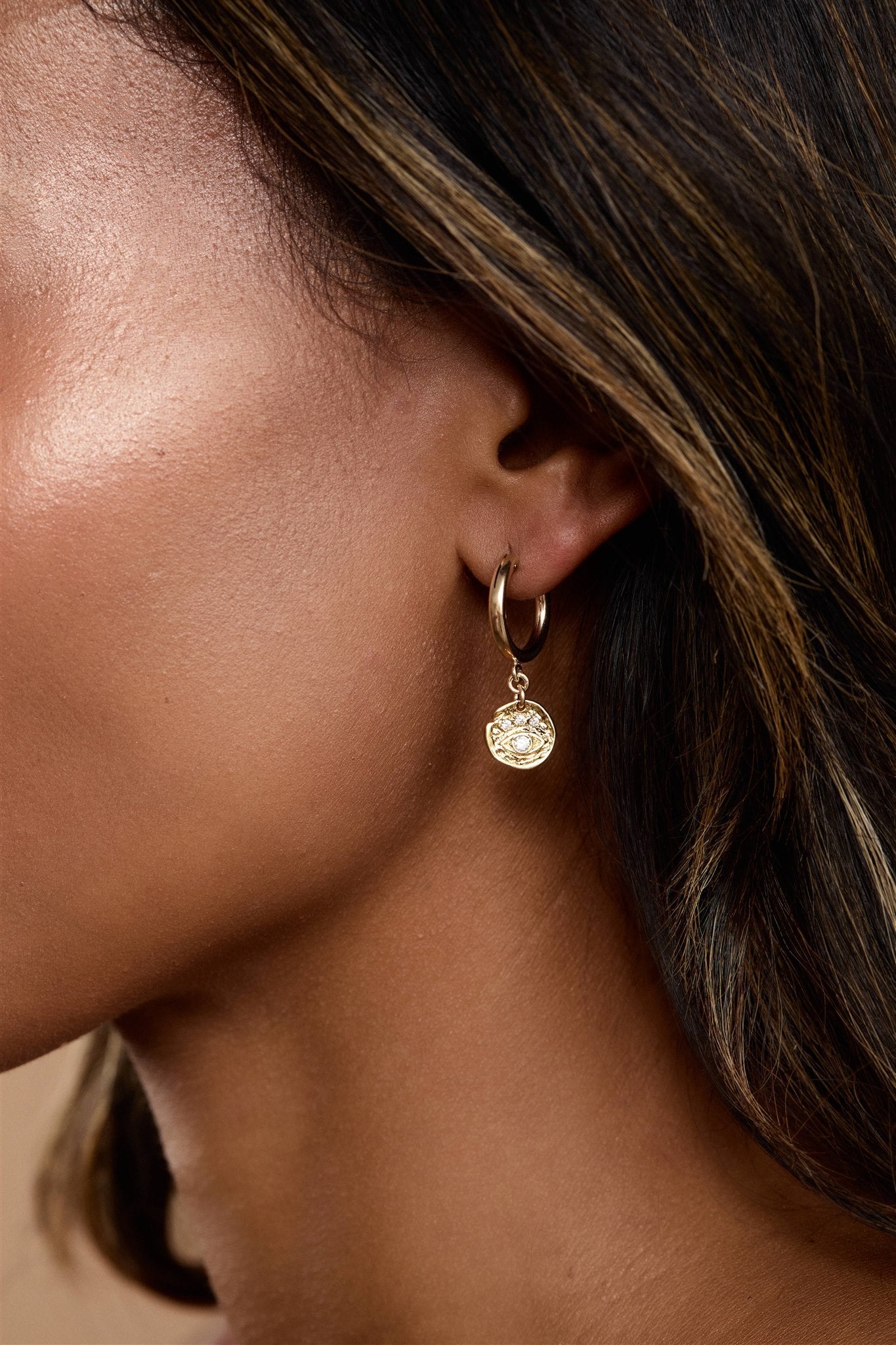 14k Gold Filled 15mm Hoops with 9.5mm Gold Vermeil Cubic Zirconia Evil Eye Pendants Evie Hoops