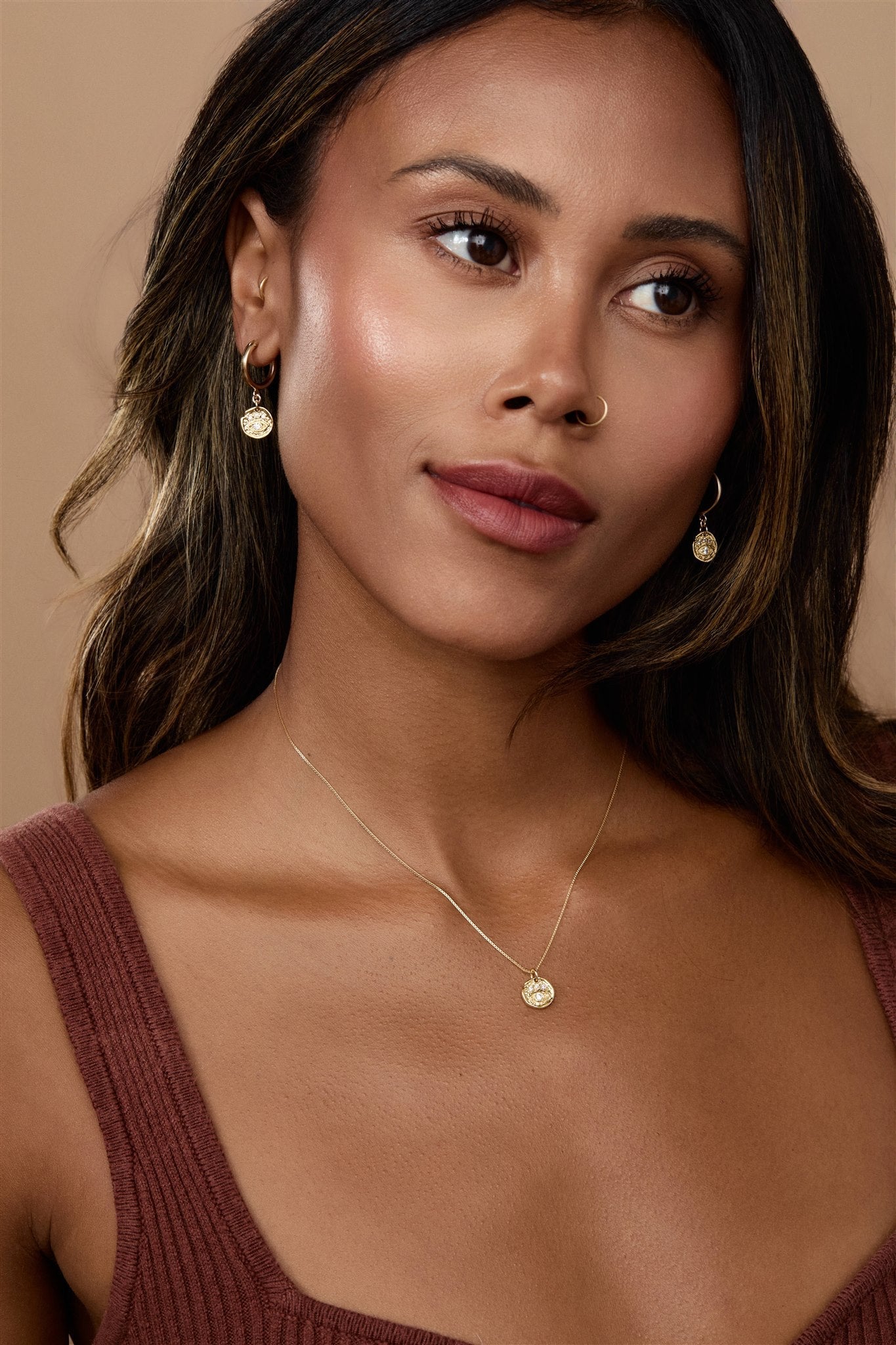 14k Gold Filled 15mm Hoops with 9.5mm Gold Vermeil Cubic Zirconia Evil Eye Pendants Evie Hoops
