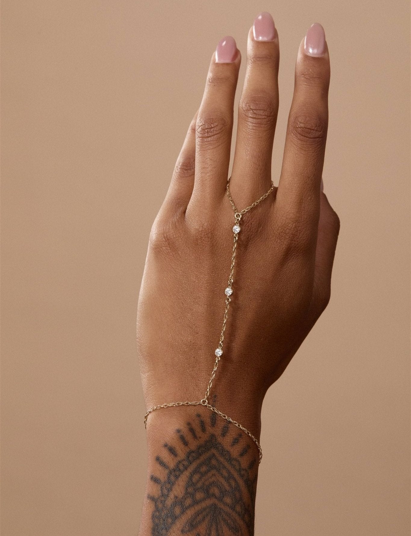 14k Gold Hand Chain with Cubic Zirconia and Turquoise Connectors