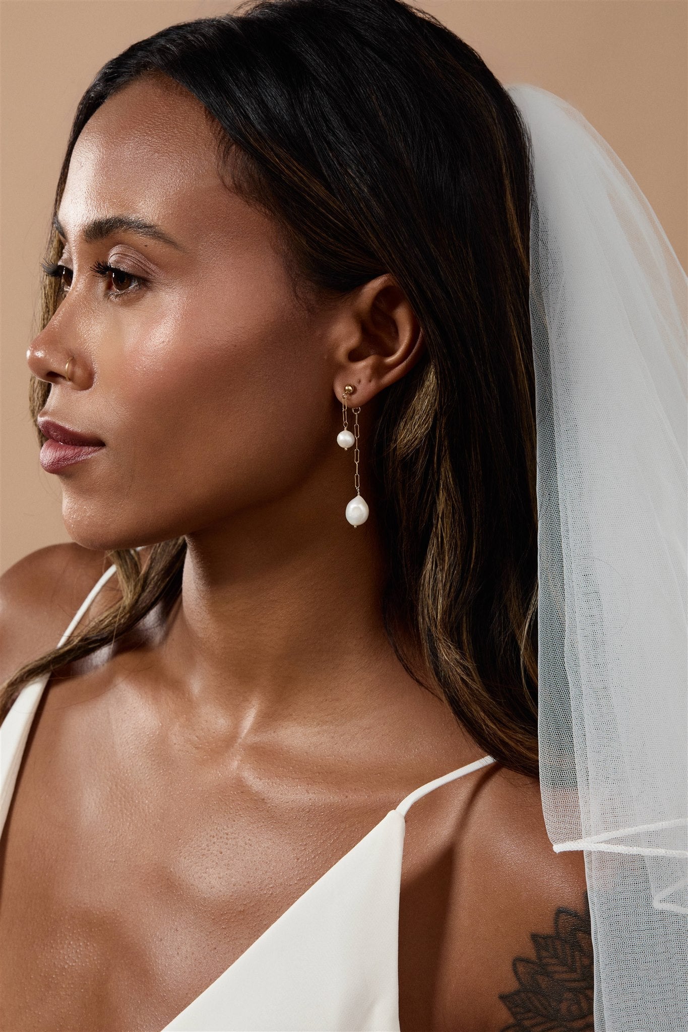 14k Gold Filled Ball Studs with Paperclip Chain and Freshwater Potato Pearls Earrings Maryn