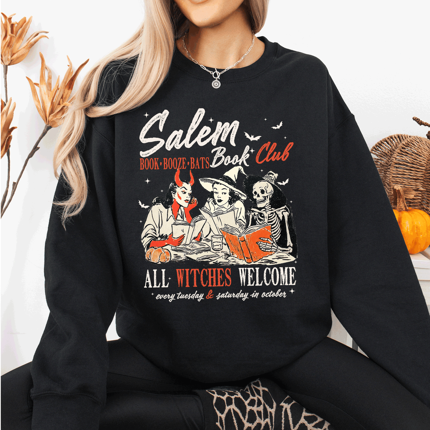 Salem Book Club, All Witches Welcome, Bookish, Booktok, Classic, Vintage, Halloween, Reading, Books, Trending Graphic Sweatshirt