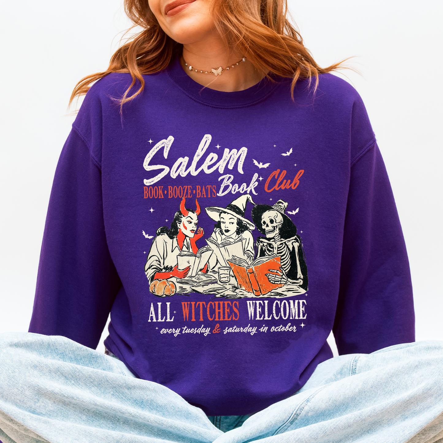 Salem Book Club, All Witches Welcome, Bookish, Booktok, Classic, Vintage, Halloween, Reading, Books, Trending Graphic Sweatshirt