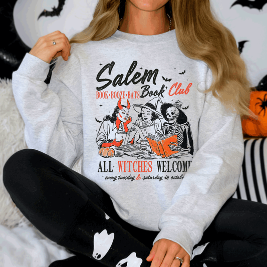 Salem Book Club, All Witches Welcome, Bookish, Booktok, Classic, Vintage, Halloween, Reading, Books, Trending Graphic Sweatshirt