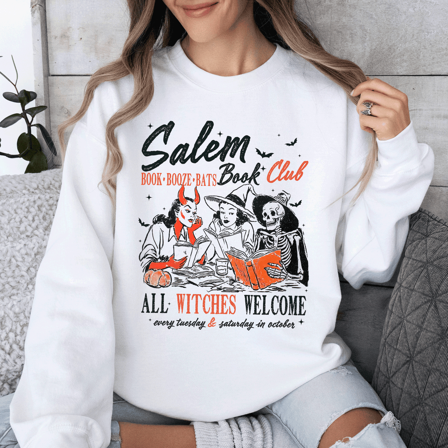 Salem Book Club, All Witches Welcome, Bookish, Booktok, Classic, Vintage, Halloween, Reading, Books, Trending Graphic Sweatshirt
