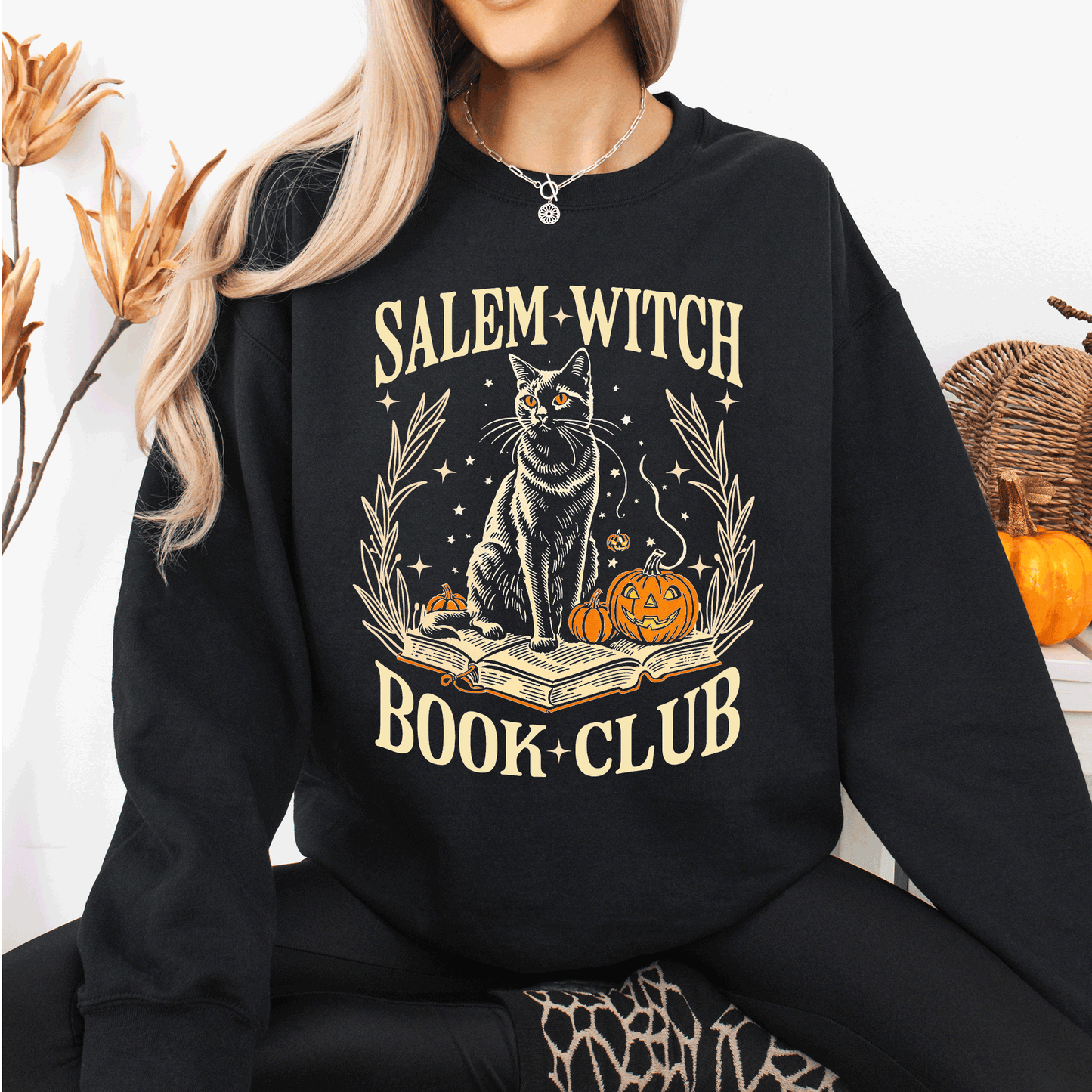 Salem Book Club, Cat, Retro, Classic, Vintage, Halloween, Reading, Books Sweatshirt