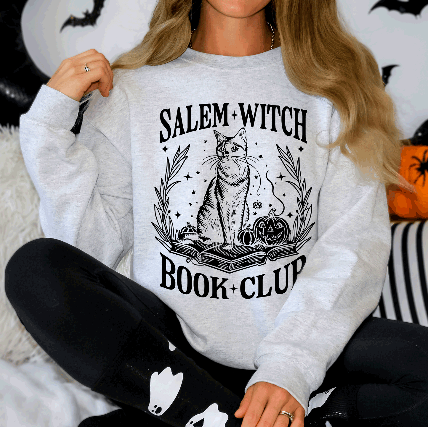 Salem Book Club, Cat, Retro, Classic, Vintage, Halloween, Reading, Books Sweatshirt