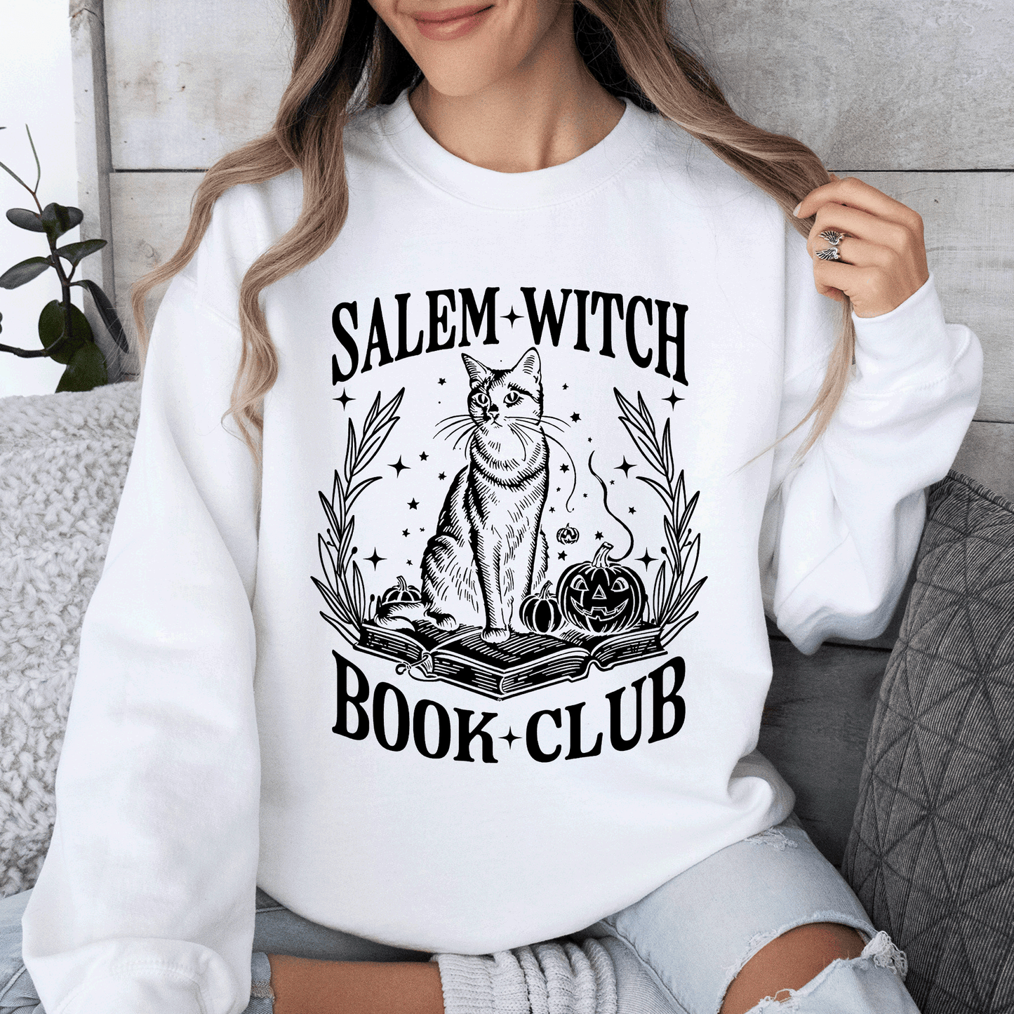 Salem Book Club, Cat, Retro, Classic, Vintage, Halloween, Reading, Books Sweatshirt