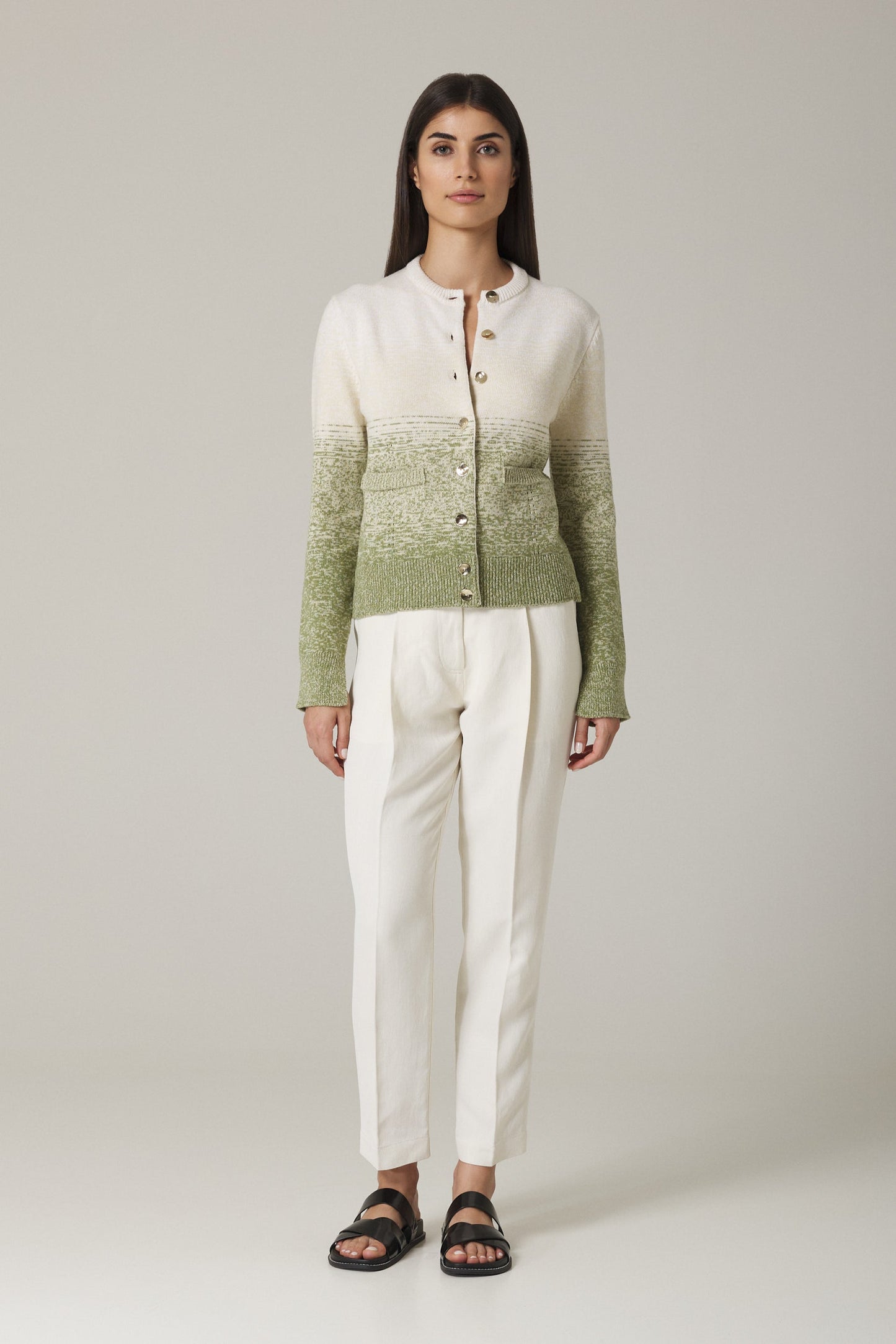 UNA OMBRÉ CARDIGAN WITH GOLD BUTTONS IN OLIVE COMBO