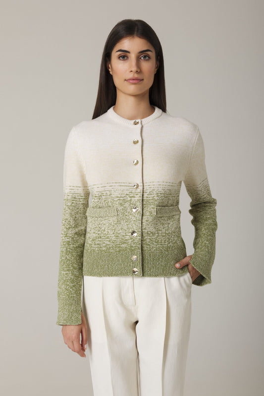 UNA OMBRÉ CARDIGAN WITH GOLD BUTTONS IN OLIVE COMBO