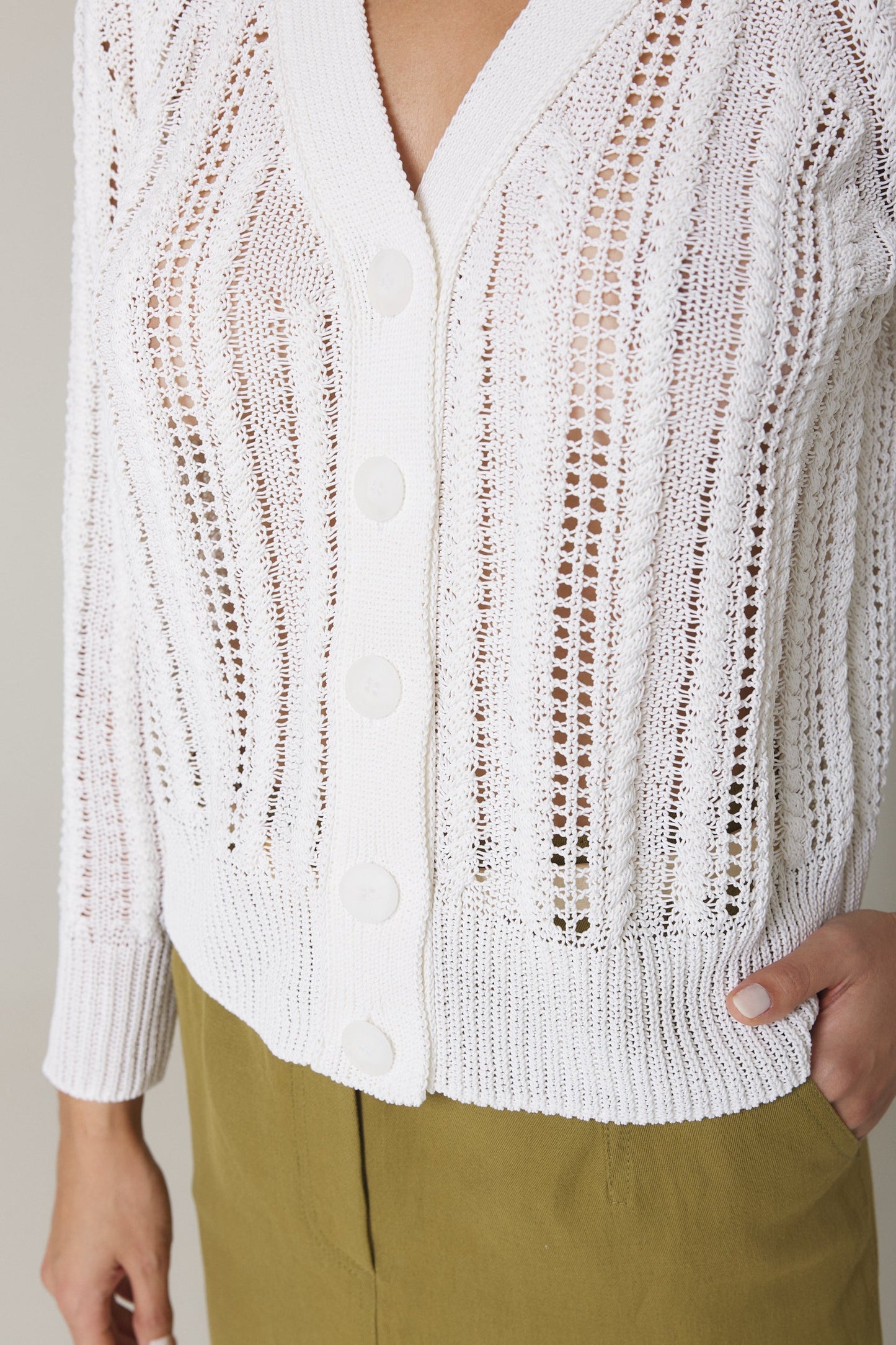 SORINA CABLE STITCH CARDIGAN IN SOFT WHITE