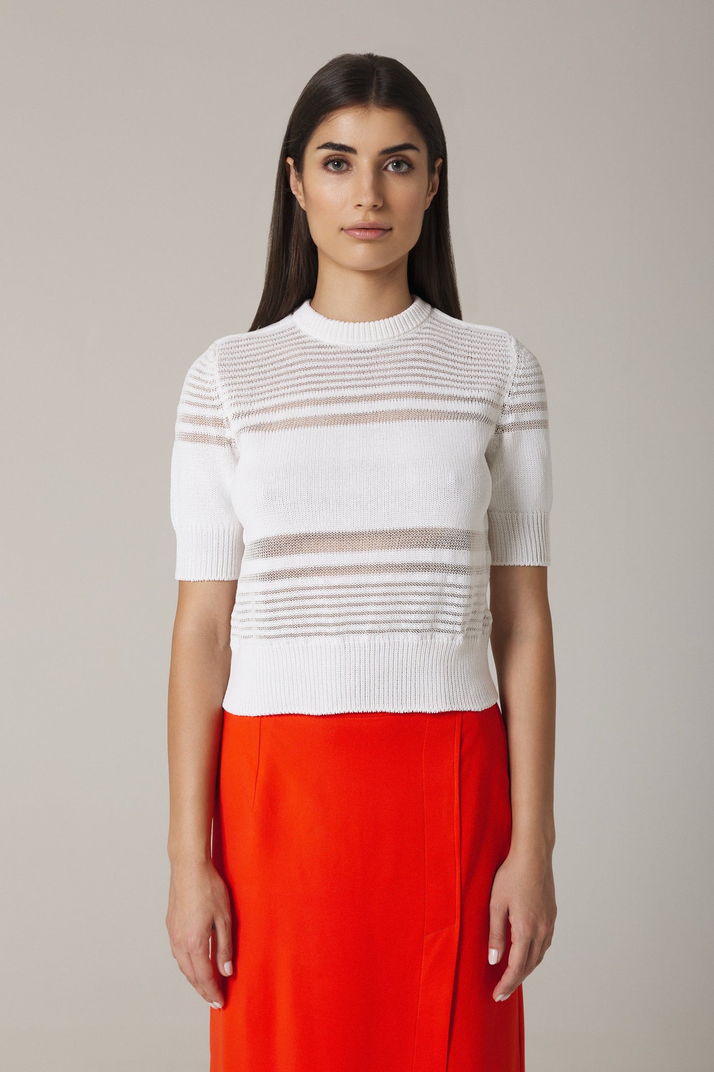 OLIVIA STRIPED SHORT SLEEVE SWEATER IN WHITE