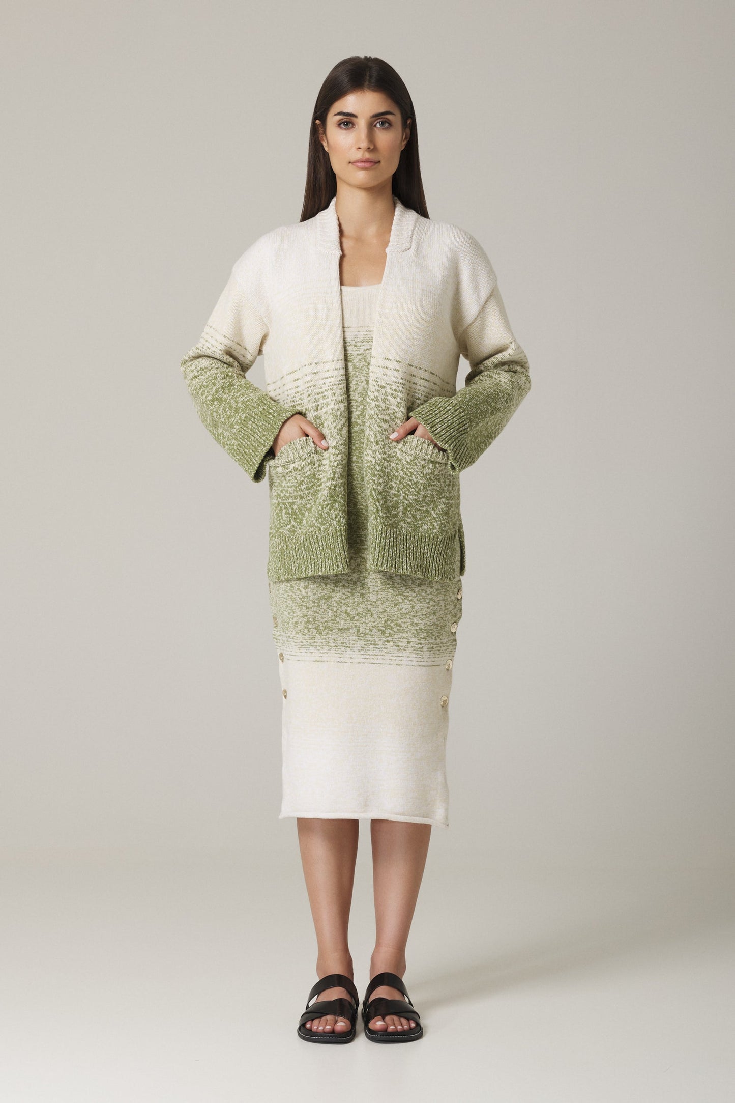 Ombré Open Cardigan Olive Combo Relaxed Silhouette WADIM