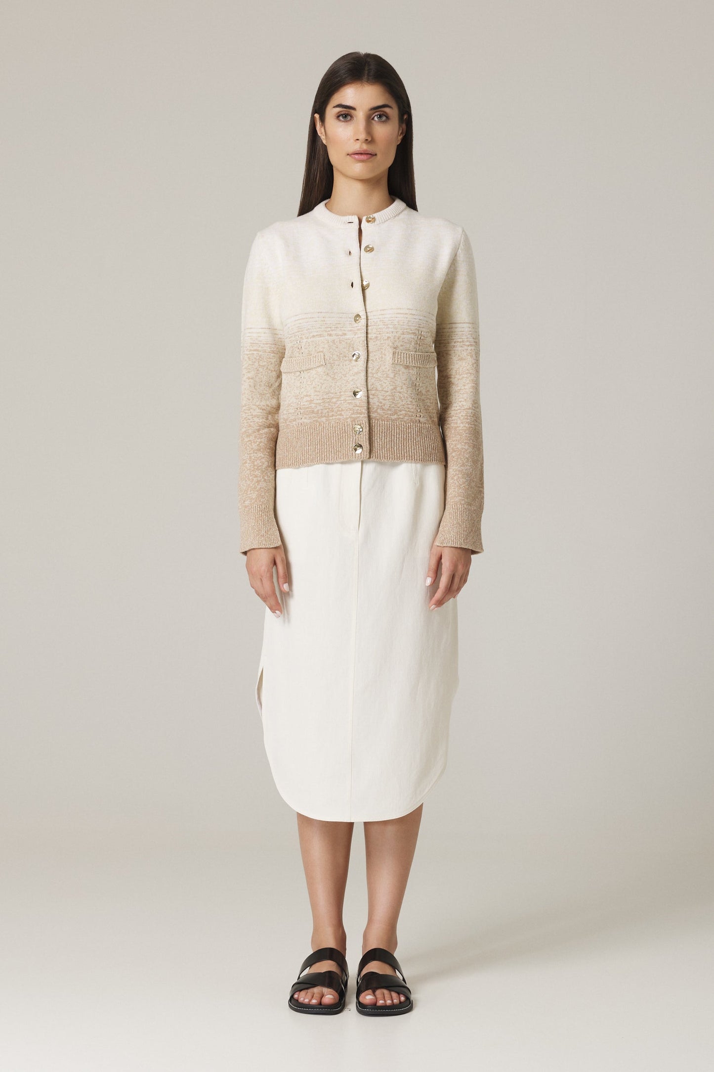 UNA OMBRÉ CARDIGAN WITH GOLD BUTTONS IN SAND COMBO