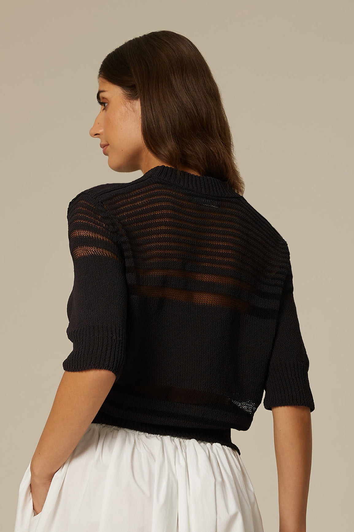 OLIVIA STRIPED SHORT SLEEVE SWEATER IN BLACK