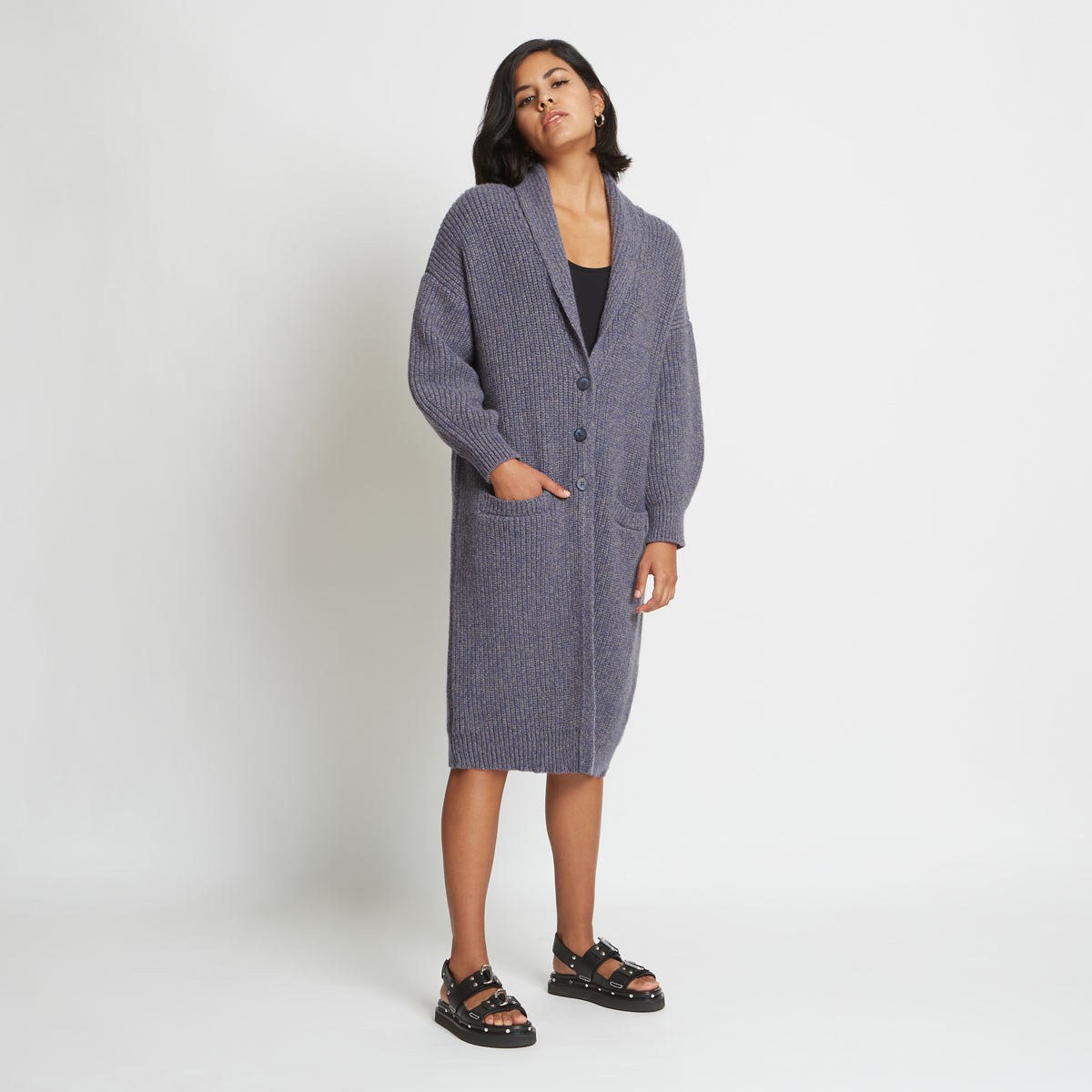 MARA PURE CASHMERE RIBBED SWEATER COAT IN COBALT STONE