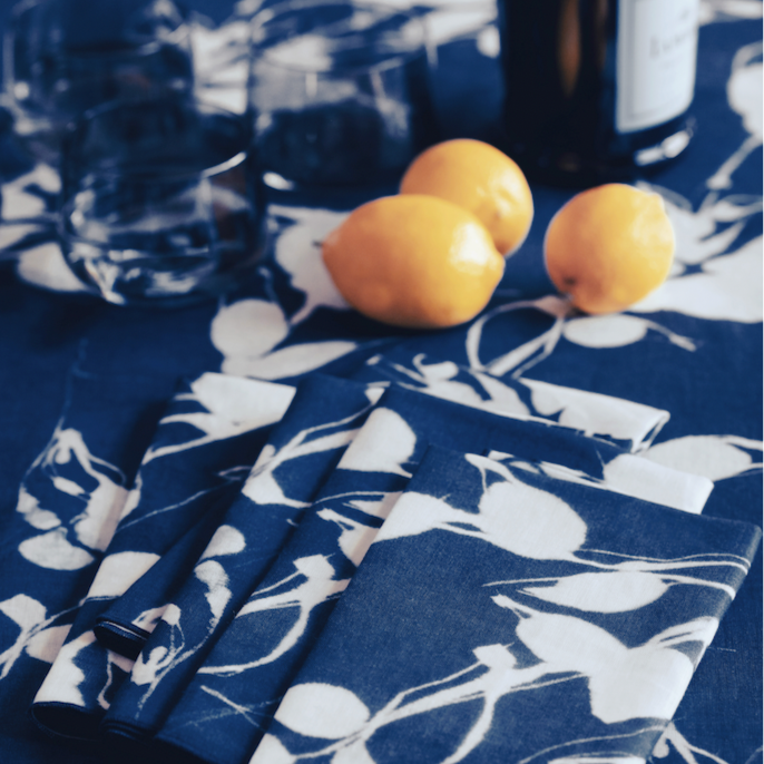 Porto Print Indigo Tablecloth 100% European Linen