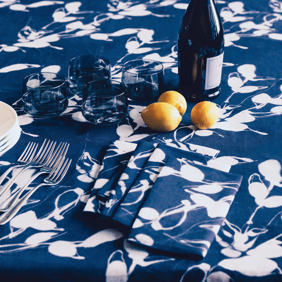 Porto Print Indigo Tablecloth 100% European Linen