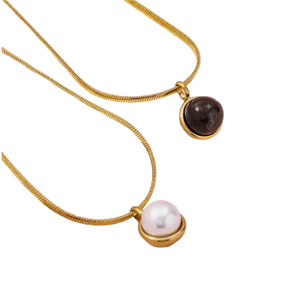 Round Pendant Stainless Steel Necklace with Pearl or Tiger Eye ADIBA