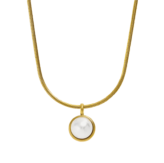 Round Pendant Stainless Steel Necklace with Pearl or Tiger Eye ADIBA