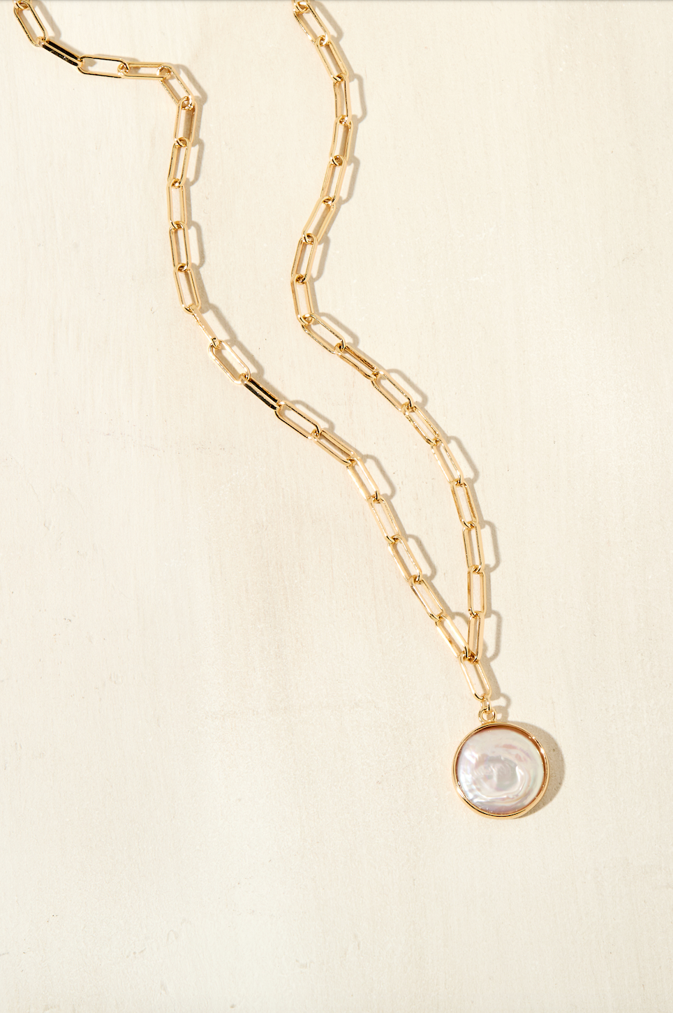 Capri 24k Gold Elongated Paperclip Necklace with Freshwater Baroque Pearl Pendant