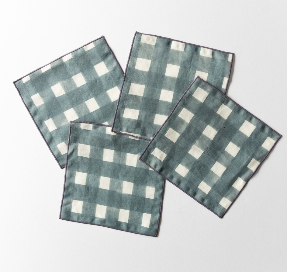 Blue Cross Hatch Linen Cocktail Napkins Set of 4