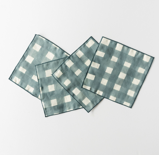 Blue Cross Hatch Linen Cocktail Napkins Set of 4