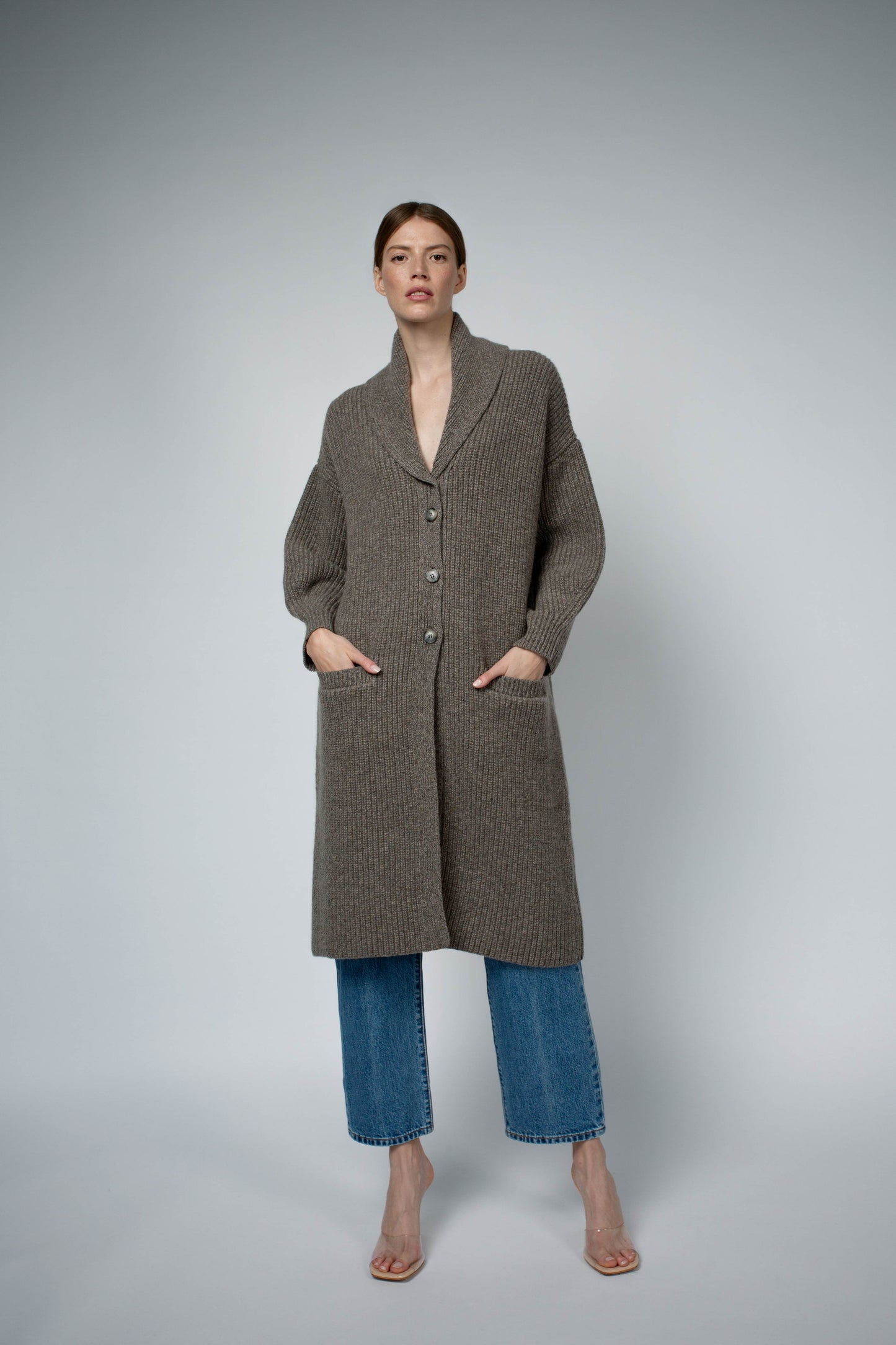 MARA CASHMERE SWEATER COAT IN WALNUT