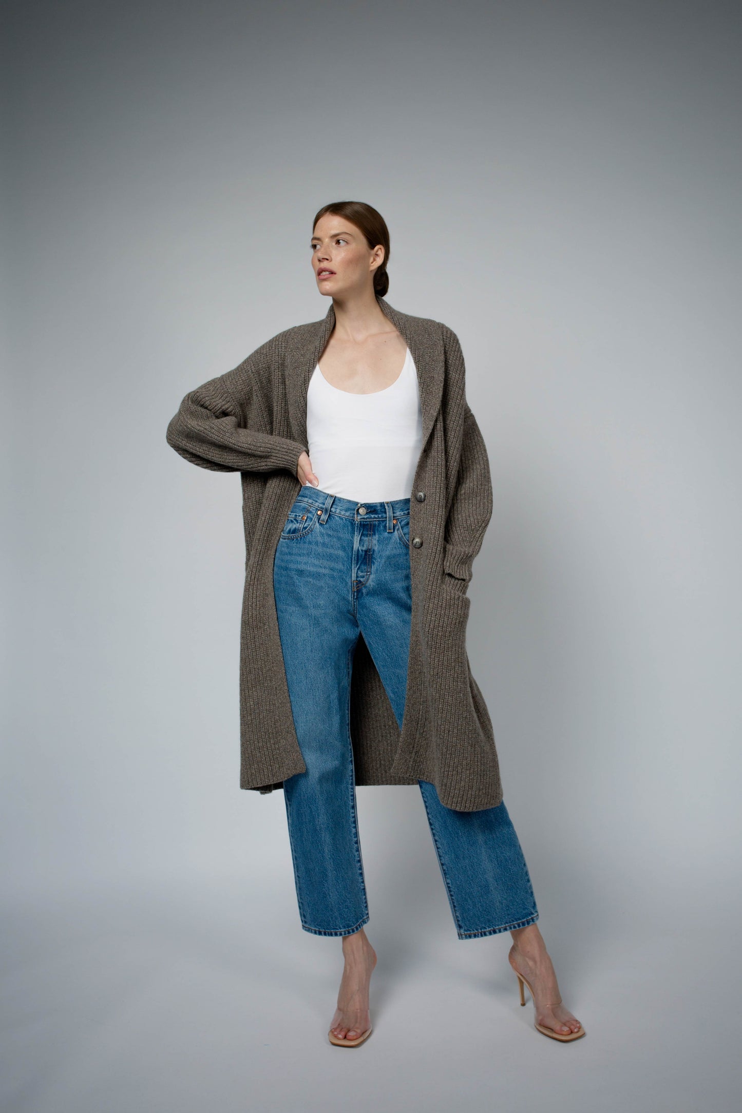 MARA CASHMERE SWEATER COAT IN WALNUT