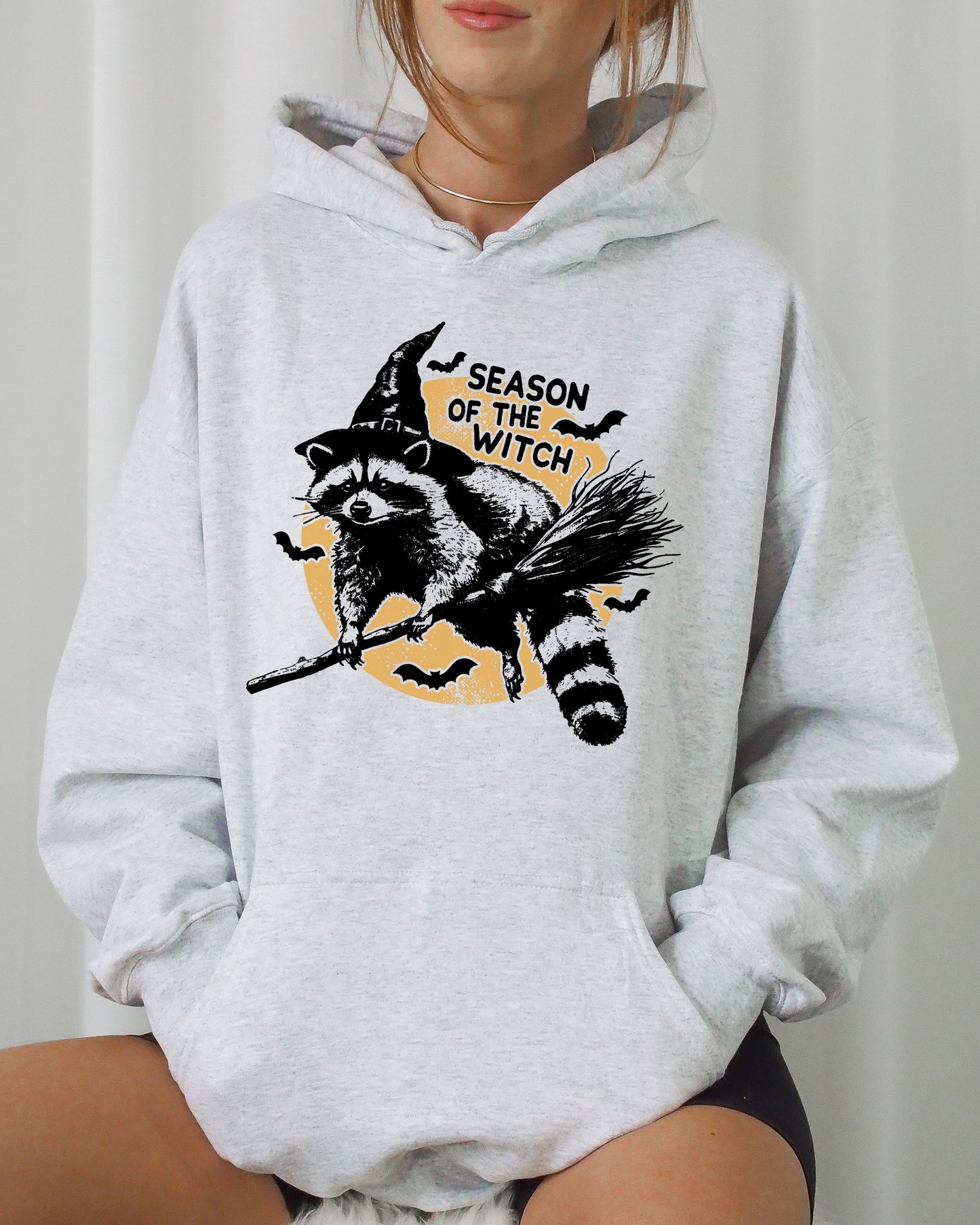 Season Of The Witch Cute Raccoon Halloween Spooky Feral Hooded Sweatshirt