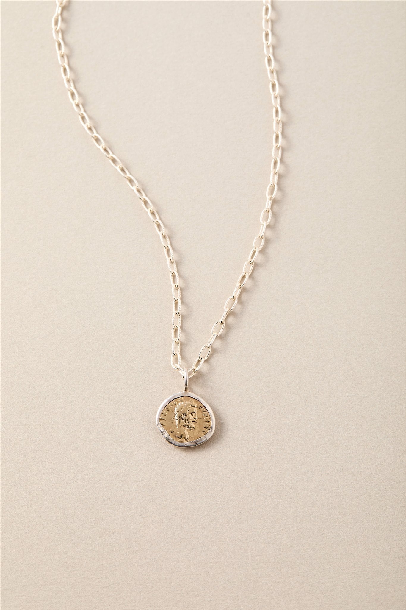 Sterling Silver Hammered Chain Necklace with Two-tone Coin Pendant Parker