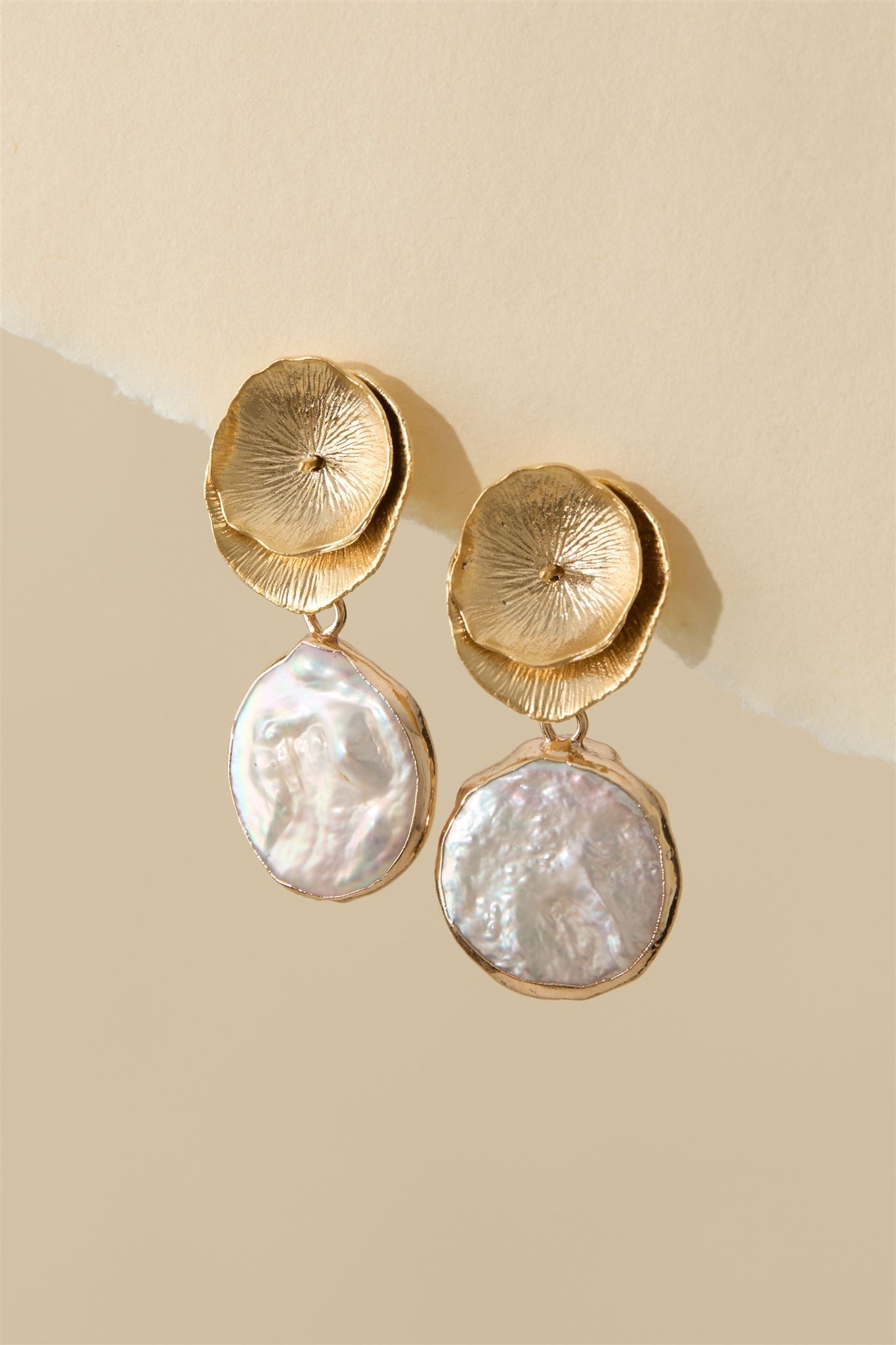 16k Gold Lotus Earrings with Baroque Pearls Post Sterling Silver Reese Earrings