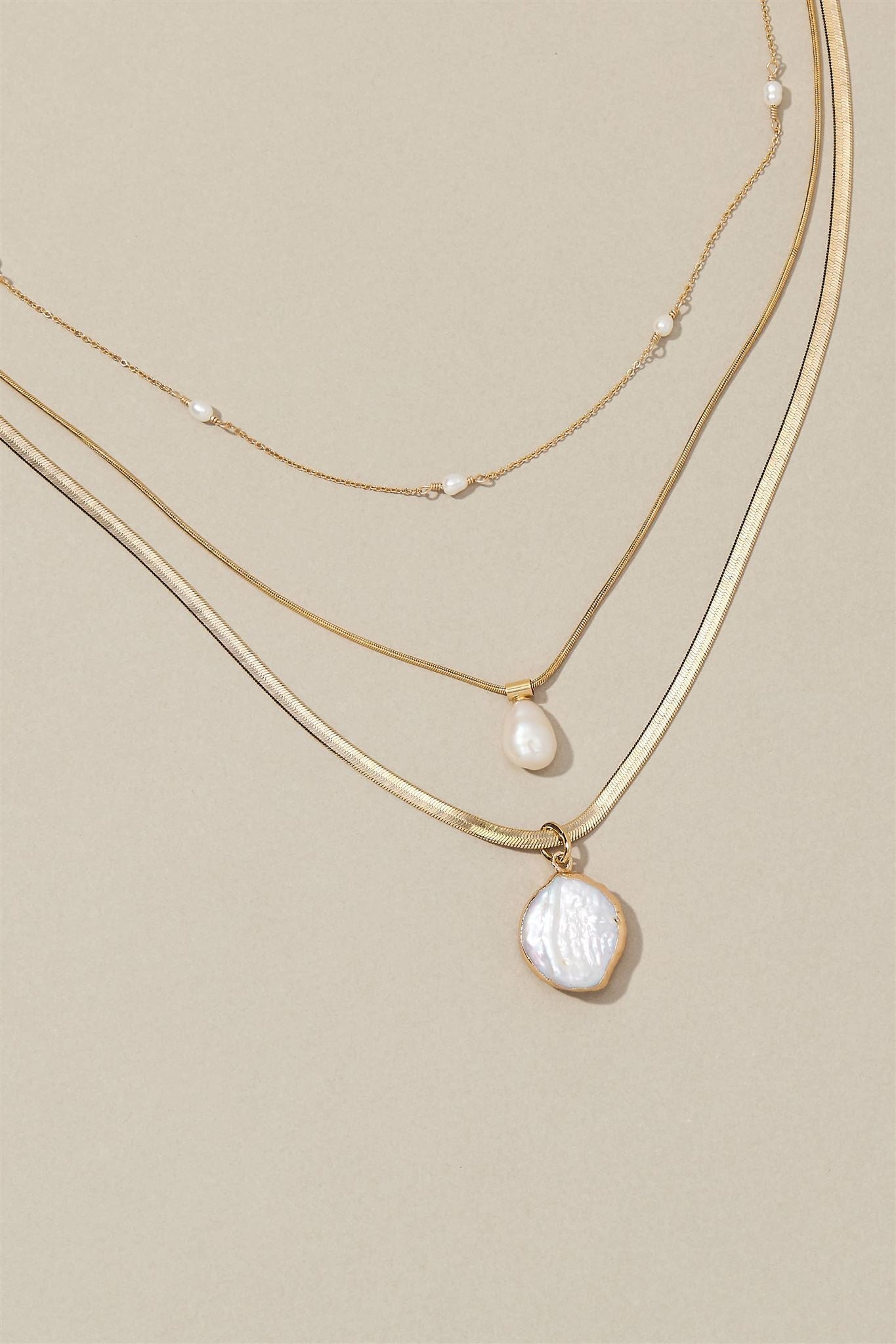 24k Gold Over Brass Herringbone Chain Necklace with Freshwater Coin Pearl Pendant Serina