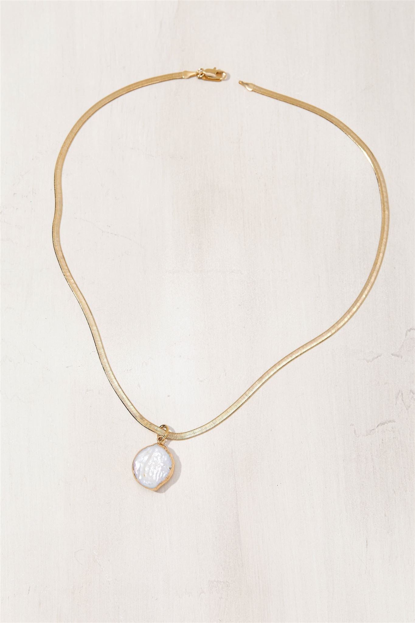 24k Gold Over Brass Herringbone Chain Necklace with Freshwater Coin Pearl Pendant Serina