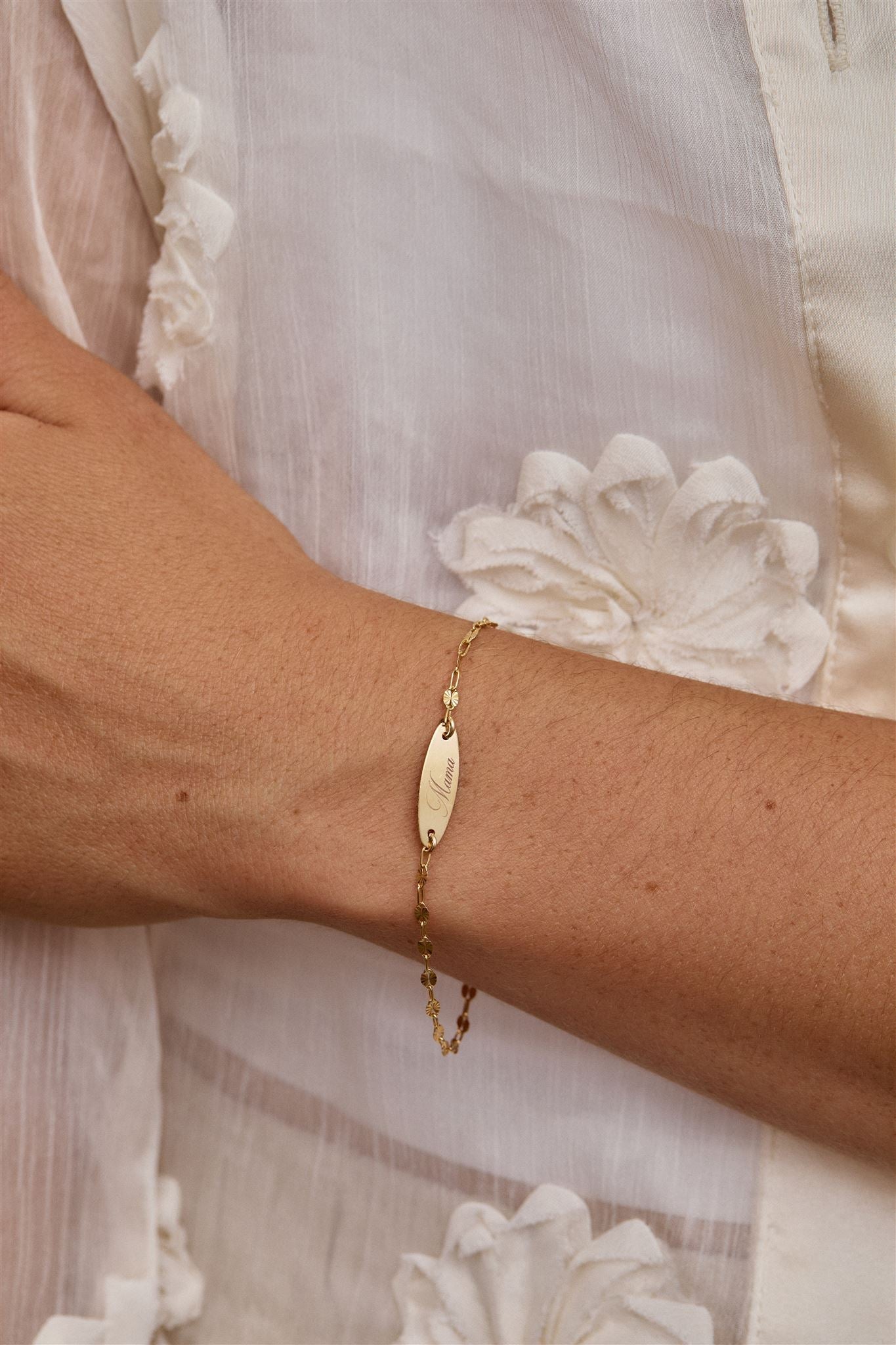 14k Gold Filled Starburst Chain Bracelet with Laser Engraved Connector Mama Banks