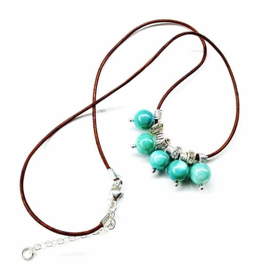 Green Blue Shell Bead Charm Leather Necklace Sterling Silver